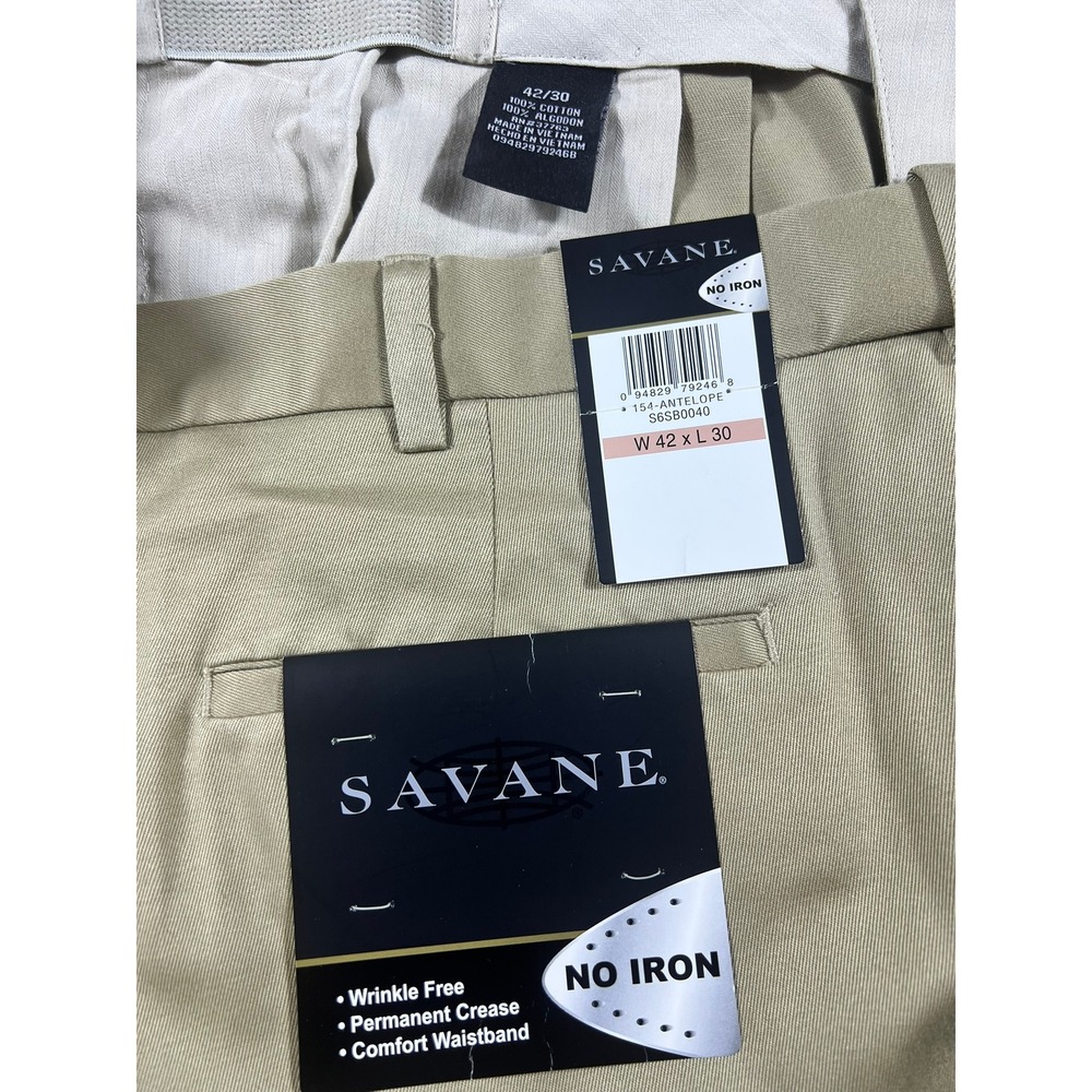 Savane Men's 42x30 Pleated Dress Pants Antelope Tan Wrinkle‎ Free Cotton Cuffed - Picture 4 of 10